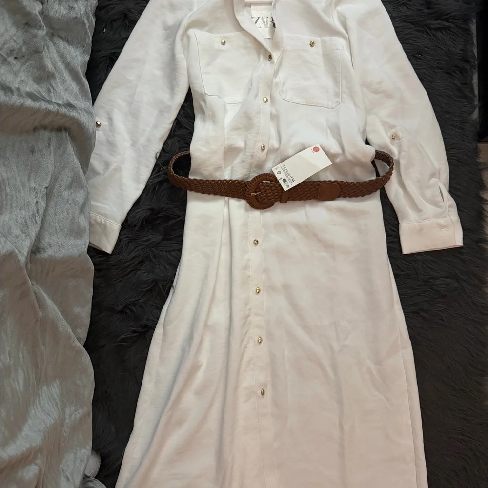Zara White Long Sleeve Button-Front Shirt Dress with Brown Woven Belt - Picture 3 of 7